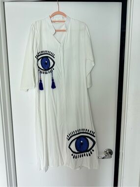 White Eye-Embroidered Long Dress with Blue Tassels. Purchased in Egypt. Cotton